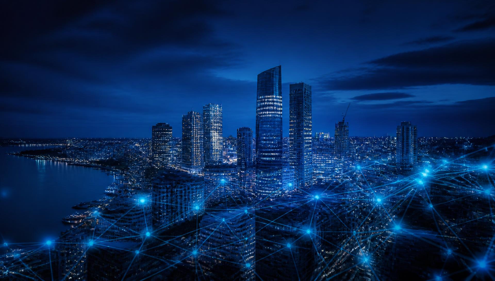 Digital network overlaying an African business skyline at dusk