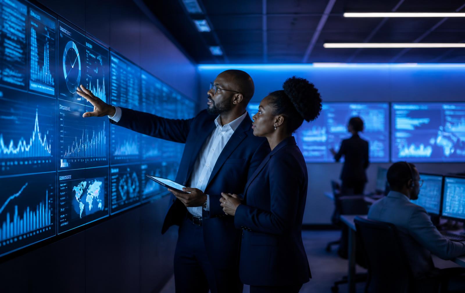 Nexora consultants reviewing enterprise dashboards